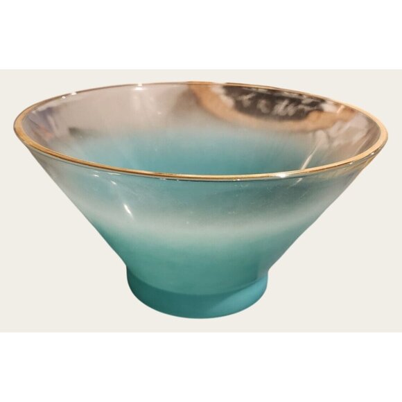 Blendo Vintage Turquoise Frosted Glass Bowl With Gold Trim Chip Dip Mid Century - Picture 1 of 12